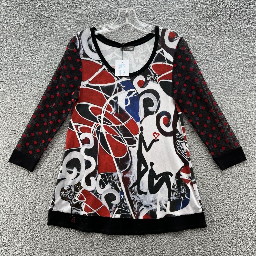 Simply Art Dolcezza Blouse Women Small Black White Art Graphic T Shirt Tunic Top